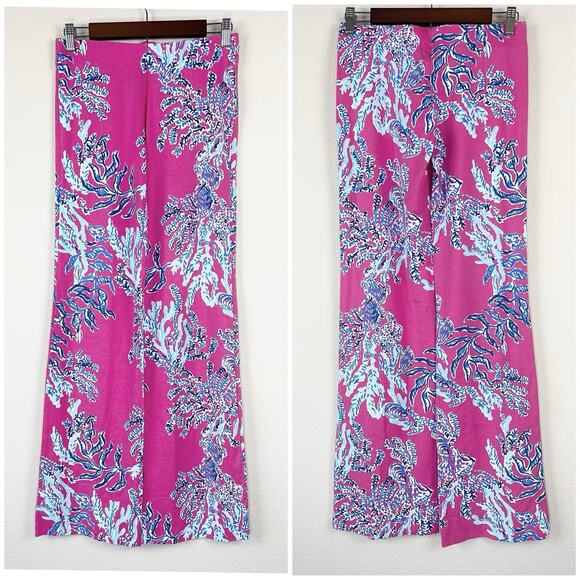 Lilly Pulitzer XS Tropical Resort Coral Print Coastal Wide Leg Pants Stretch - Picture 2 of 10